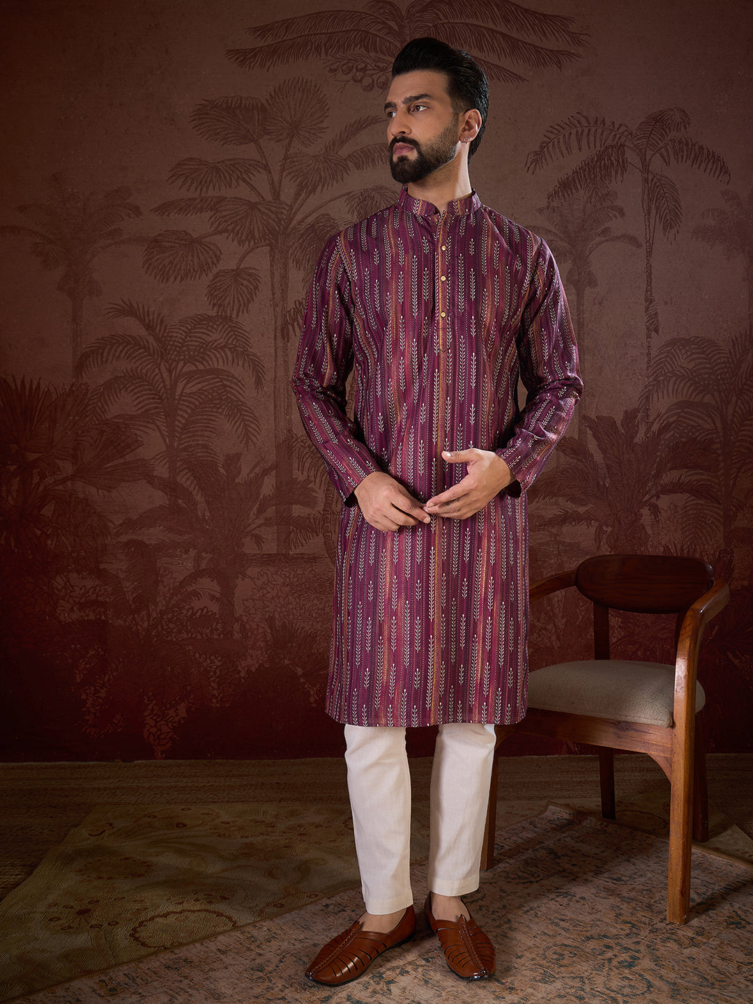 Ethnic Bay Men Purple Silk Blend Striped Printed Straight Kurta With Trouser