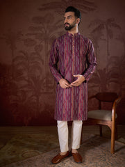 Ethnic Bay Men Purple Silk Blend Striped Printed Straight Kurta With Trouser-MKSET1905