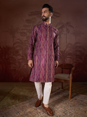 Ethnic Bay Men Purple Silk Blend Striped Printed Straight Kurta With Trouser-MKSET1905