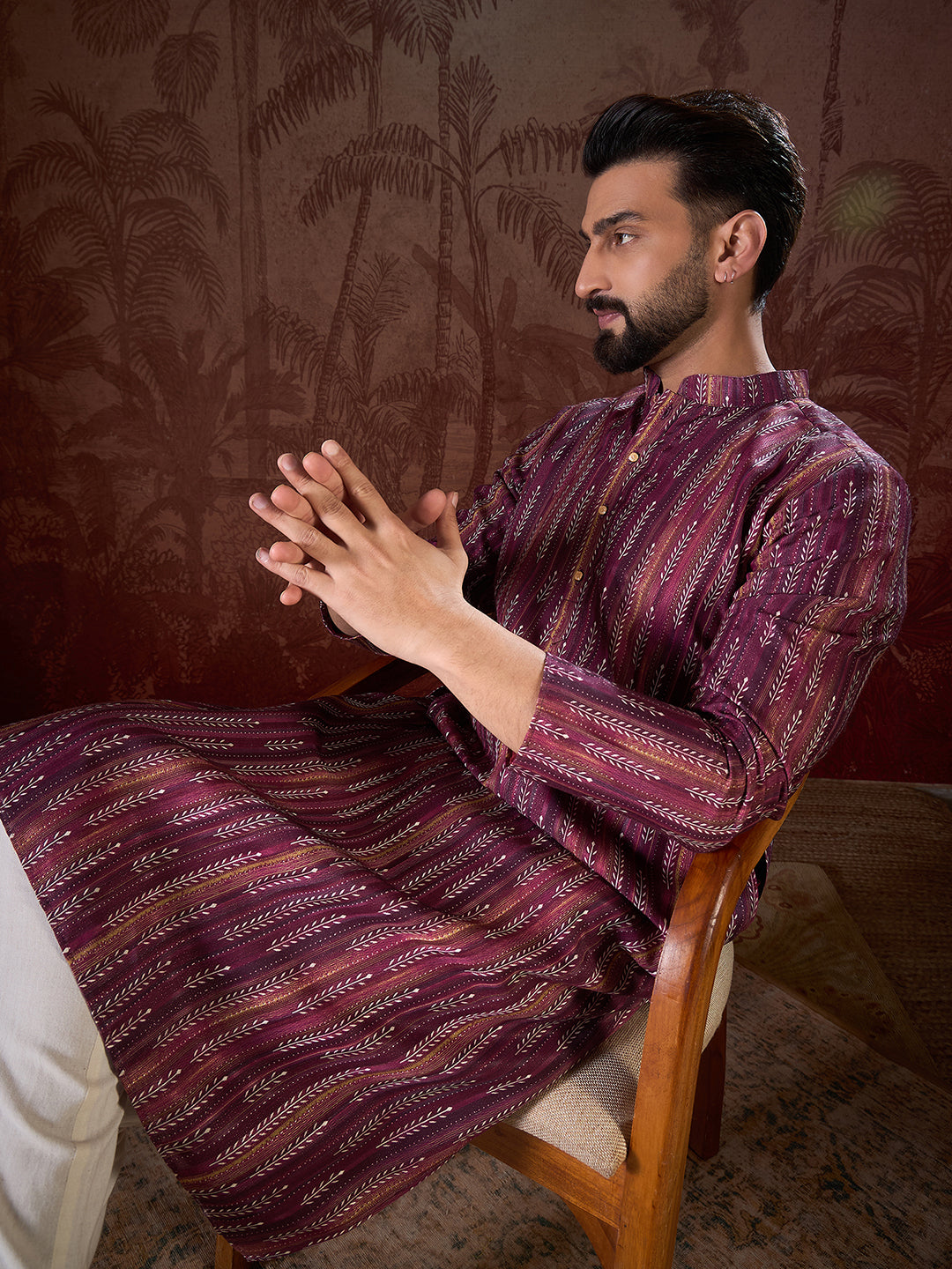 Ethnic Bay Men Purple Silk Blend Striped Printed Straight Kurta With Trouser