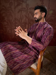 Ethnic Bay Men Purple Silk Blend Striped Printed Straight Kurta With Trouser-MKSET1905