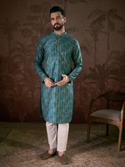 Ethnic Bay Men Blue Silk Blend Ethnic Motifs Printed Straight Kurta With Trouser-MKSET1906