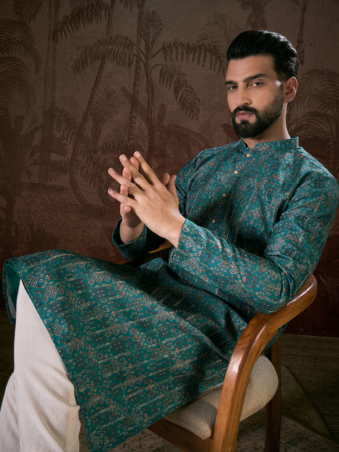 Ethnic Bay Men Blue Silk Blend Ethnic Motifs Printed Straight Kurta With Trouser
