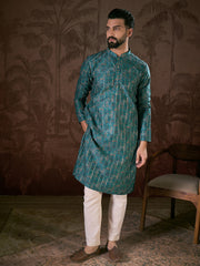 Ethnic Bay Men Blue Silk Blend Ethnic Motifs Printed Straight Kurta With Trouser-MKSET1906