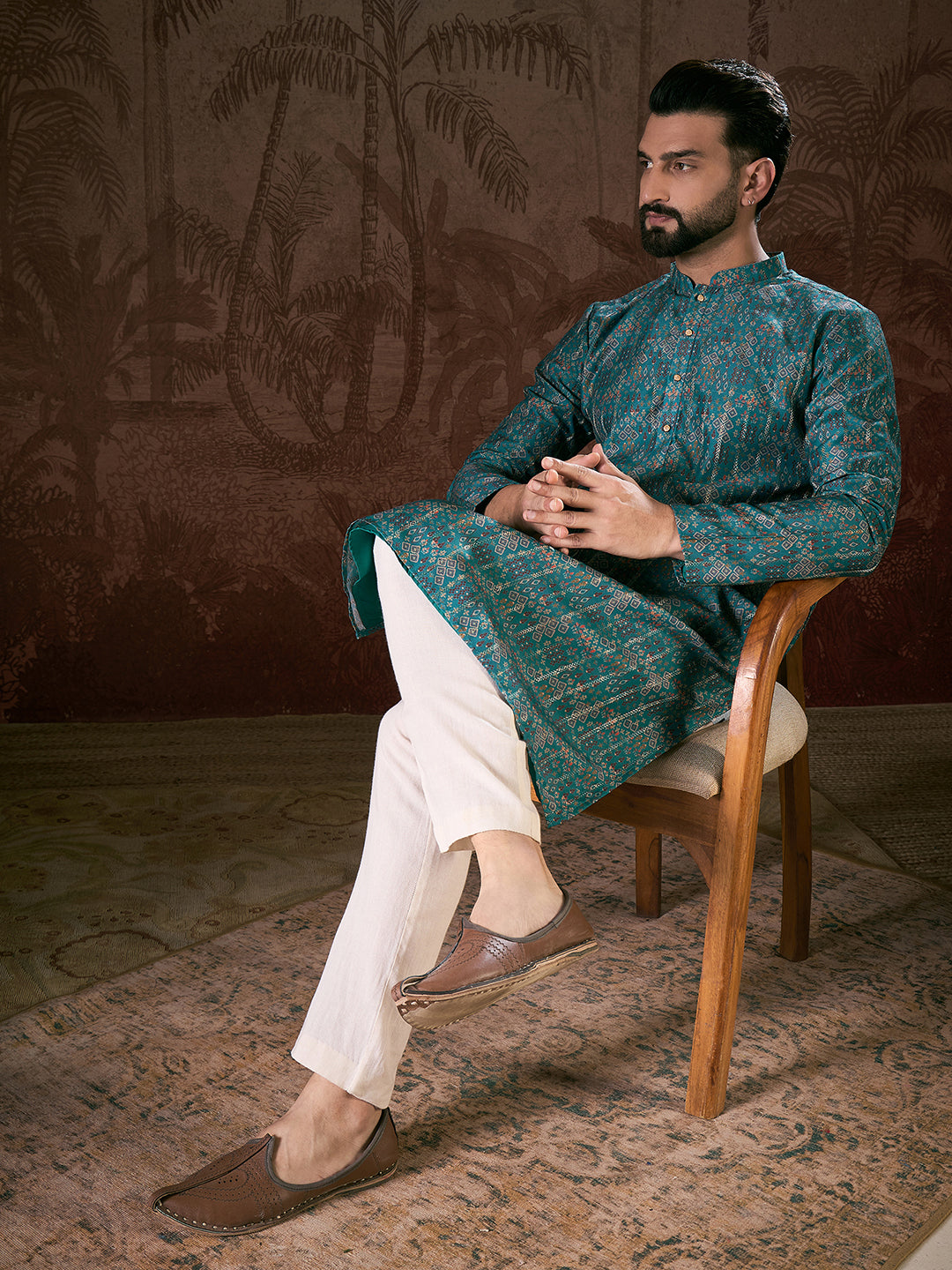 Ethnic Bay Men Blue Silk Blend Ethnic Motifs Printed Straight Kurta With Trouser