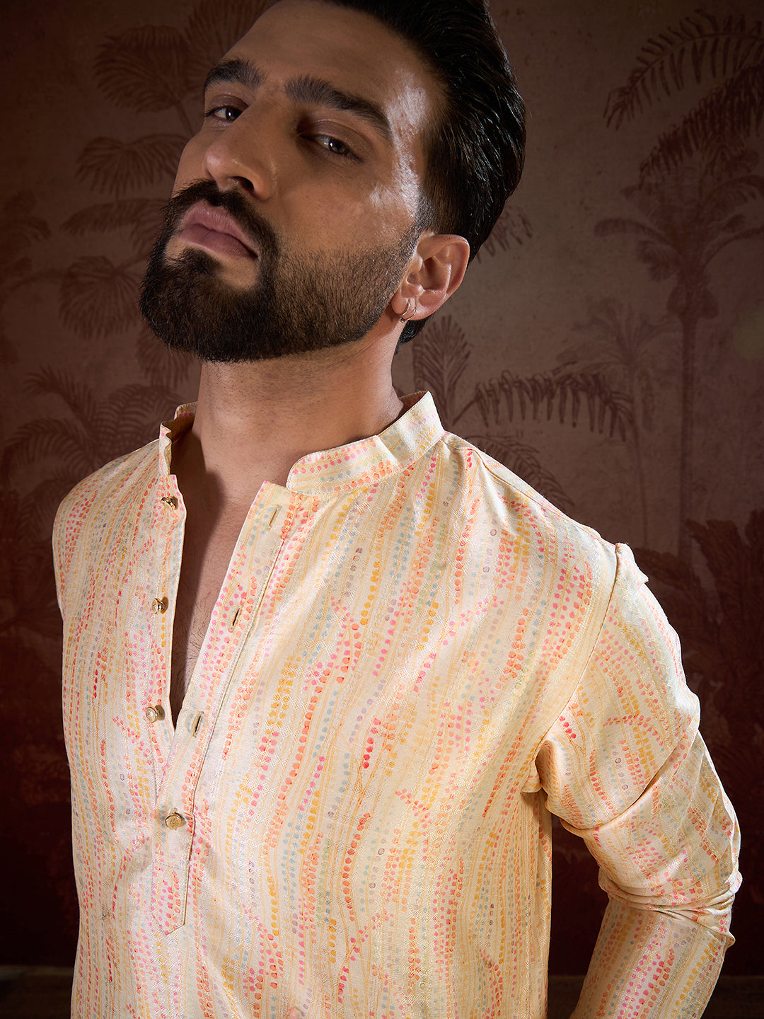 Ethnic Bay Men Cream Silk Blend Abstract Printed Straight Kurta With Trouser