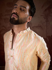 Ethnic Bay Men Cream Silk Blend Abstract Printed Straight Kurta With Trouser-MKSET1907