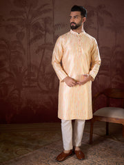 Ethnic Bay Men Cream Silk Blend Abstract Printed Straight Kurta With Trouser-MKSET1907