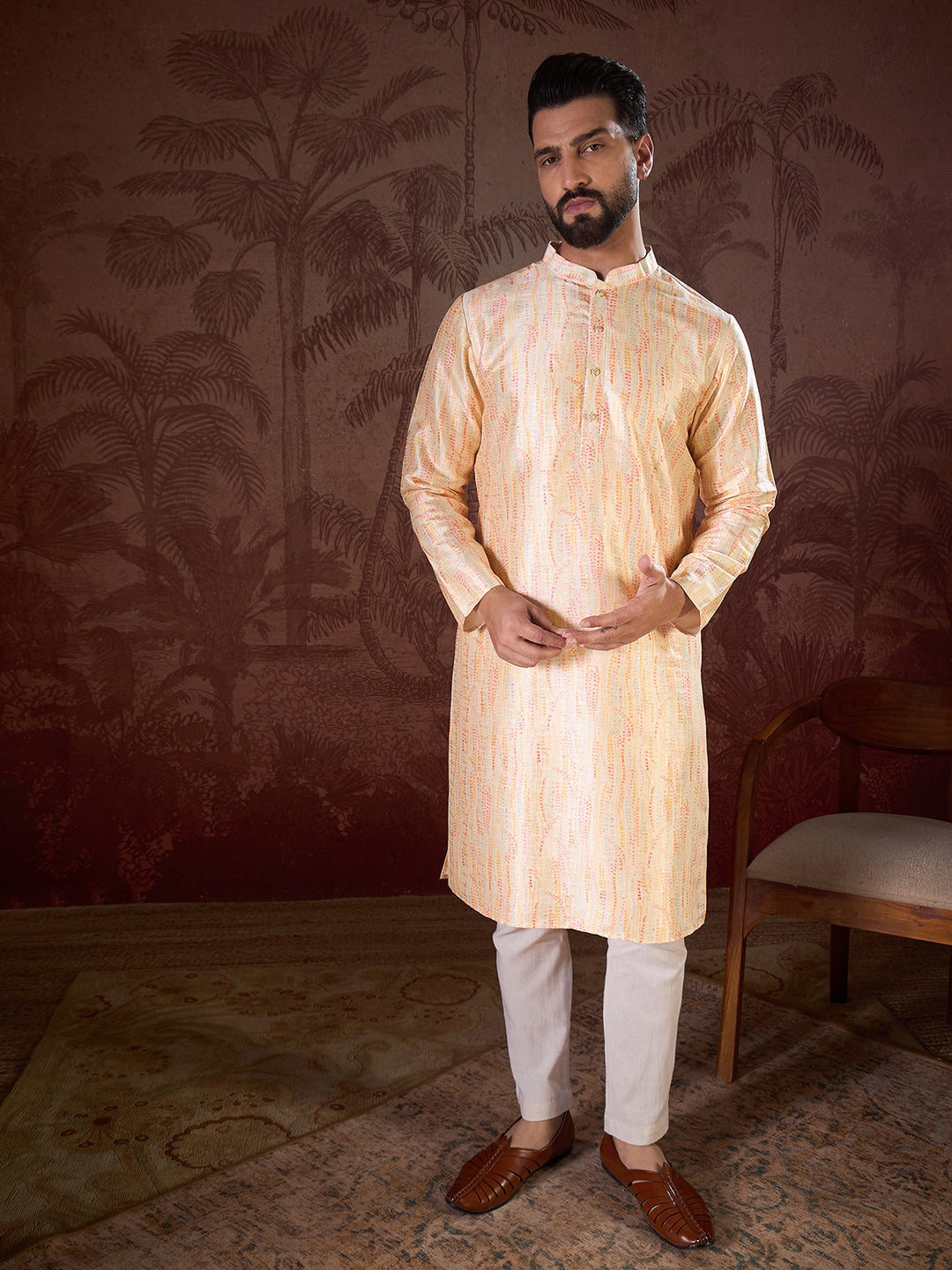 Ethnic Bay Men Cream Silk Blend Abstract Printed Straight Kurta With Trouser