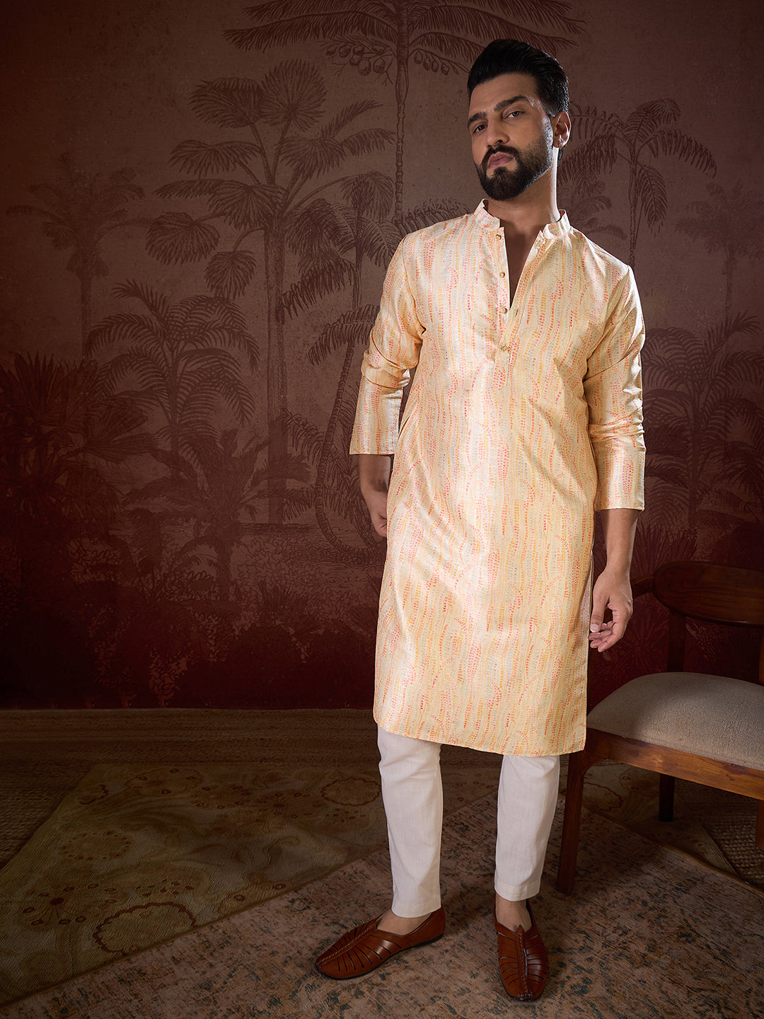 Ethnic Bay Men Cream Silk Blend Abstract Printed Straight Kurta With Trouser