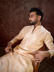 Ethnic Bay Men Cream Silk Blend Abstract Printed Straight Kurta With Trouser-MKSET1907