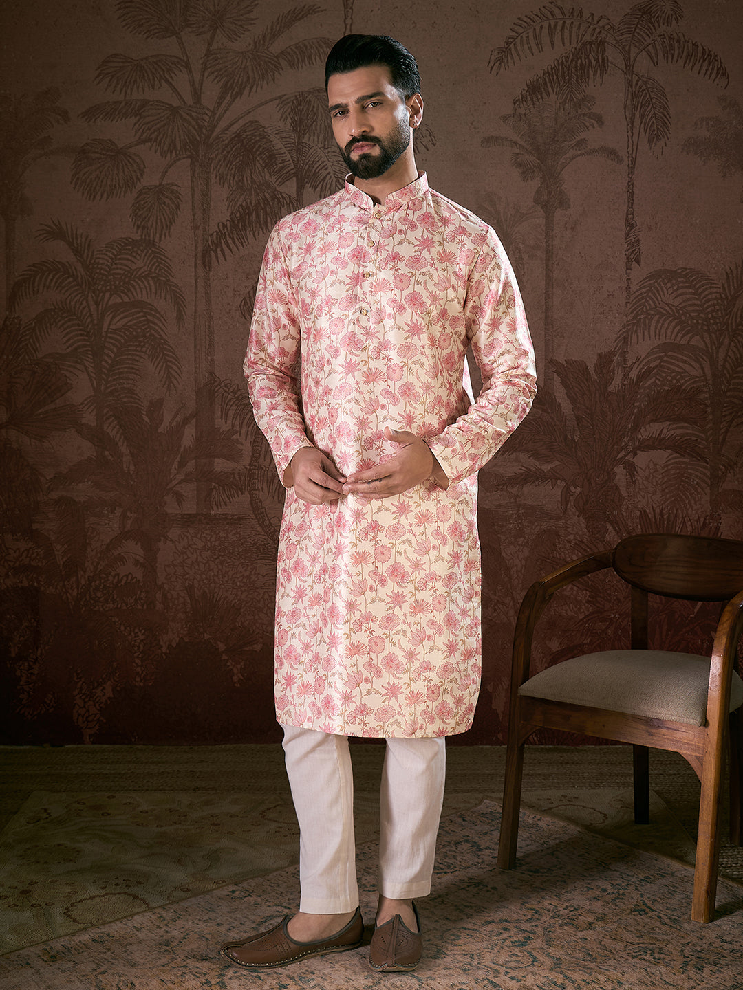 Ethnic Bay Men Off White Silk Blend Floral Printed Straight Kurta With Trouser