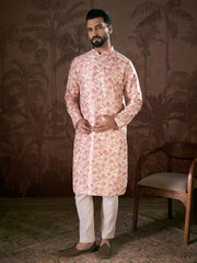 Ethnic Bay Men Off White Silk Blend Floral Printed Straight Kurta With Trouser-MKSET1908