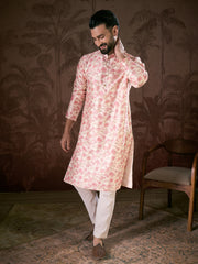 Ethnic Bay Men Off White Silk Blend Floral Printed Straight Kurta With Trouser-MKSET1908