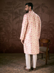 Ethnic Bay Men Off White Silk Blend Floral Printed Straight Kurta With Trouser-MKSET1908