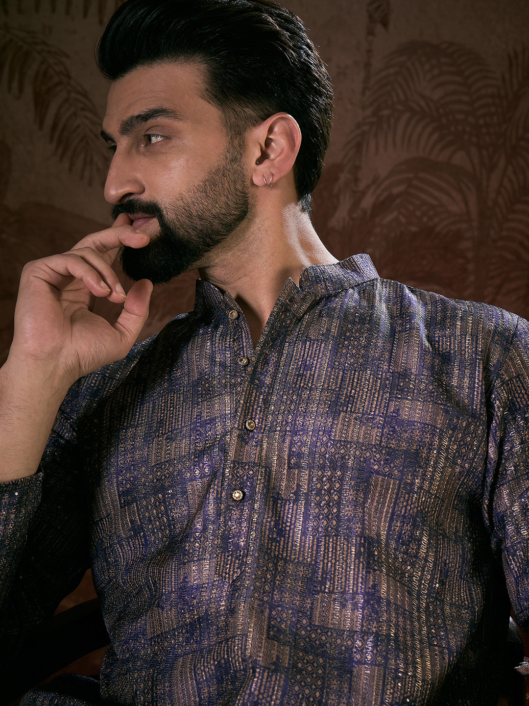 Ethnic Bay Men Violet Silk Blend Abstract Printed Straight Kurta With Trouser