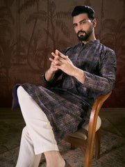 Ethnic Bay Men Violet Silk Blend Abstract Printed Straight Kurta With Trouser-MKSET1909