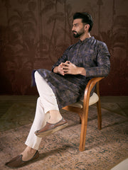 Ethnic Bay Men Violet Silk Blend Abstract Printed Straight Kurta With Trouser-MKSET1909