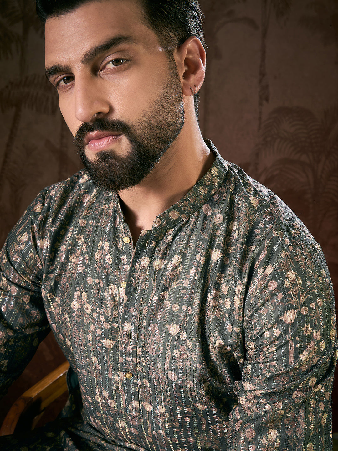 Ethnic Bay Men Olive Silk Blend Floral Printed Straight Kurta With Trouser-MKSET1911