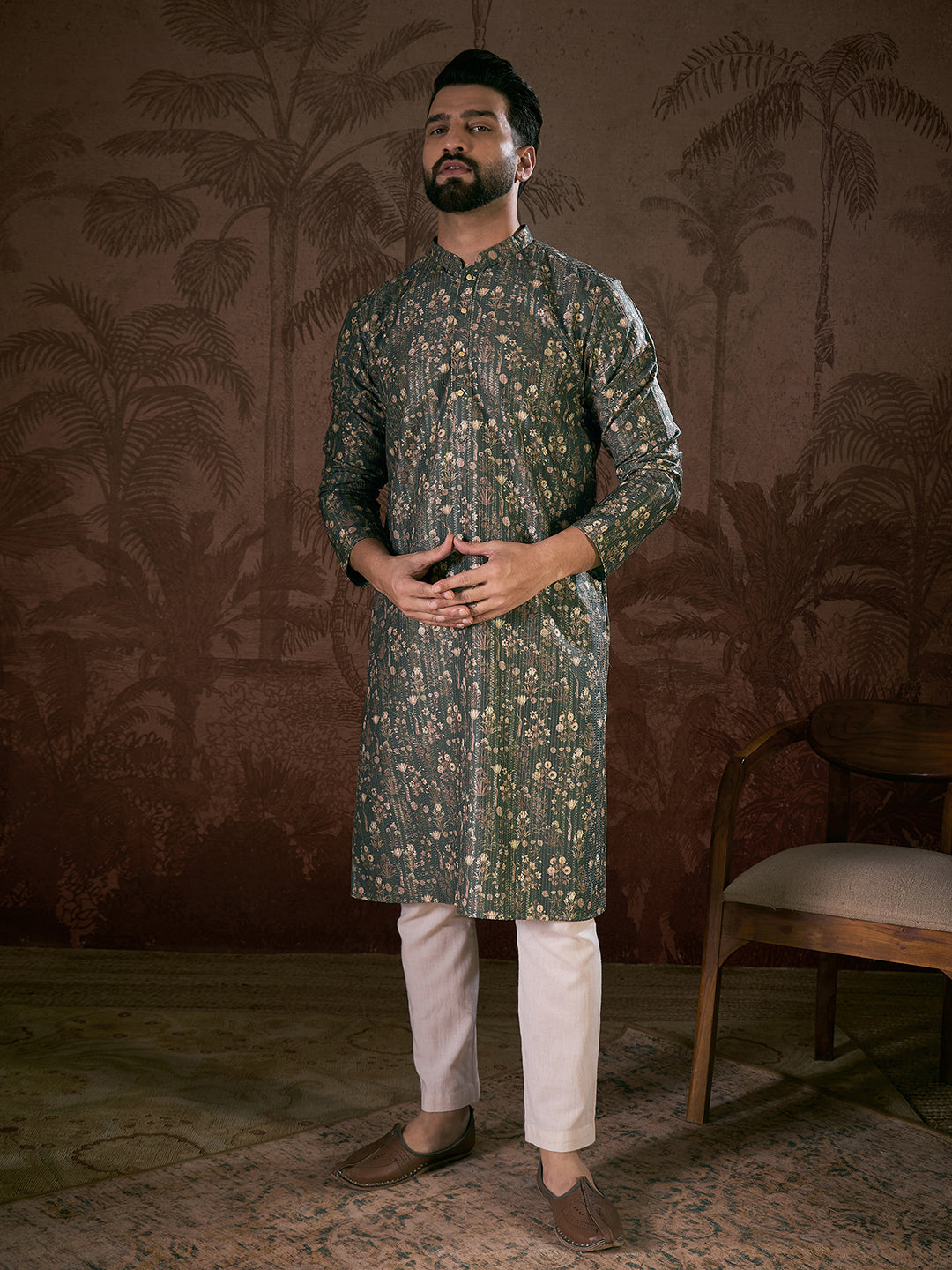 Ethnic Bay Men Olive Silk Blend Floral Printed Straight Kurta With Trouser