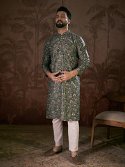 Ethnic Bay Men Olive Silk Blend Floral Printed Straight Kurta With Trouser-MKSET1911