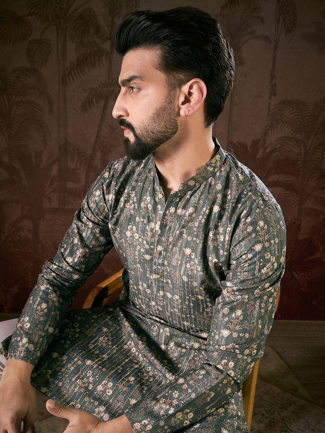 Ethnic Bay Men Olive Silk Blend Floral Printed Straight Kurta With Trouser