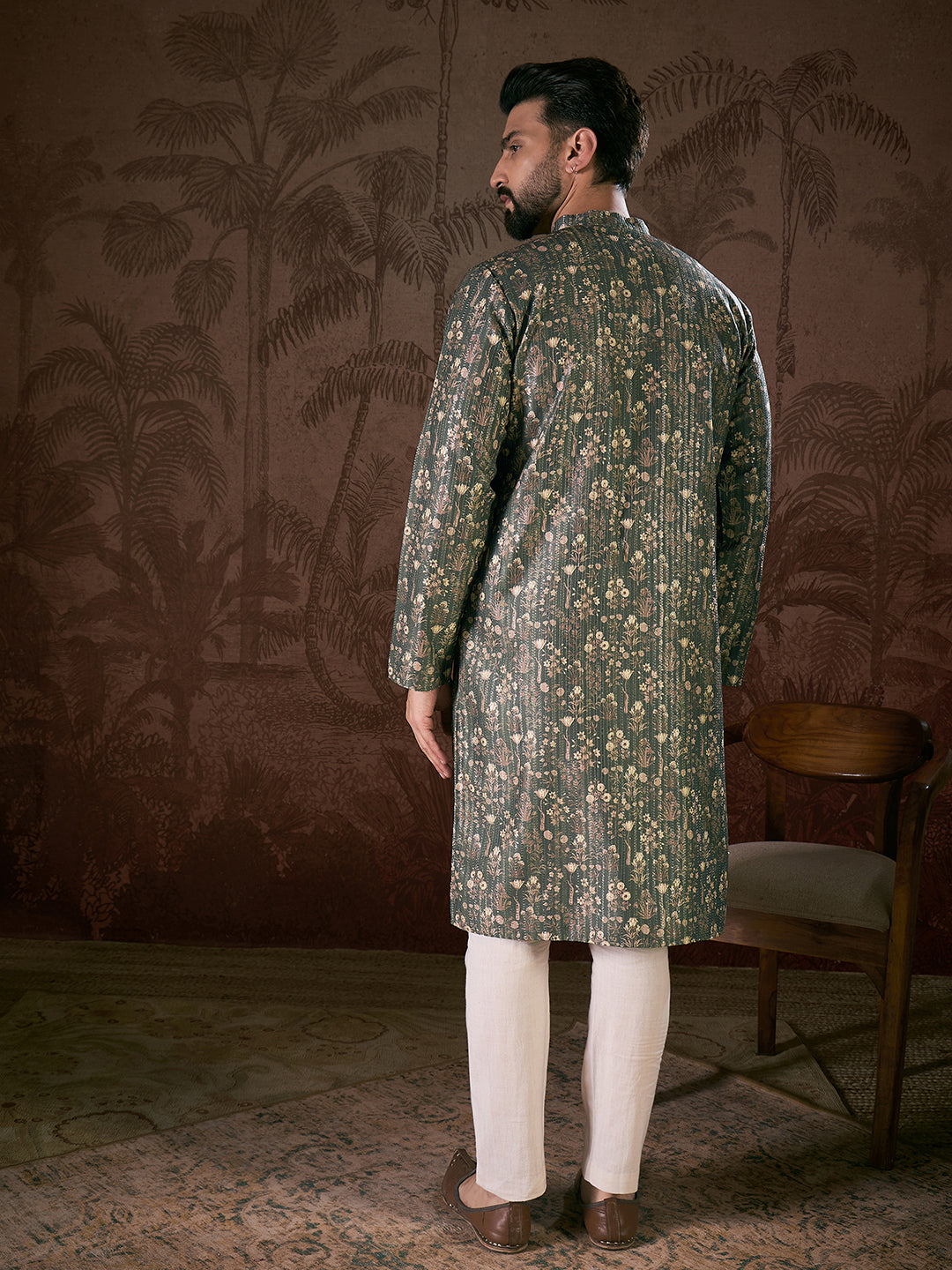 Ethnic Bay Men Olive Silk Blend Floral Printed Straight Kurta With Trouser