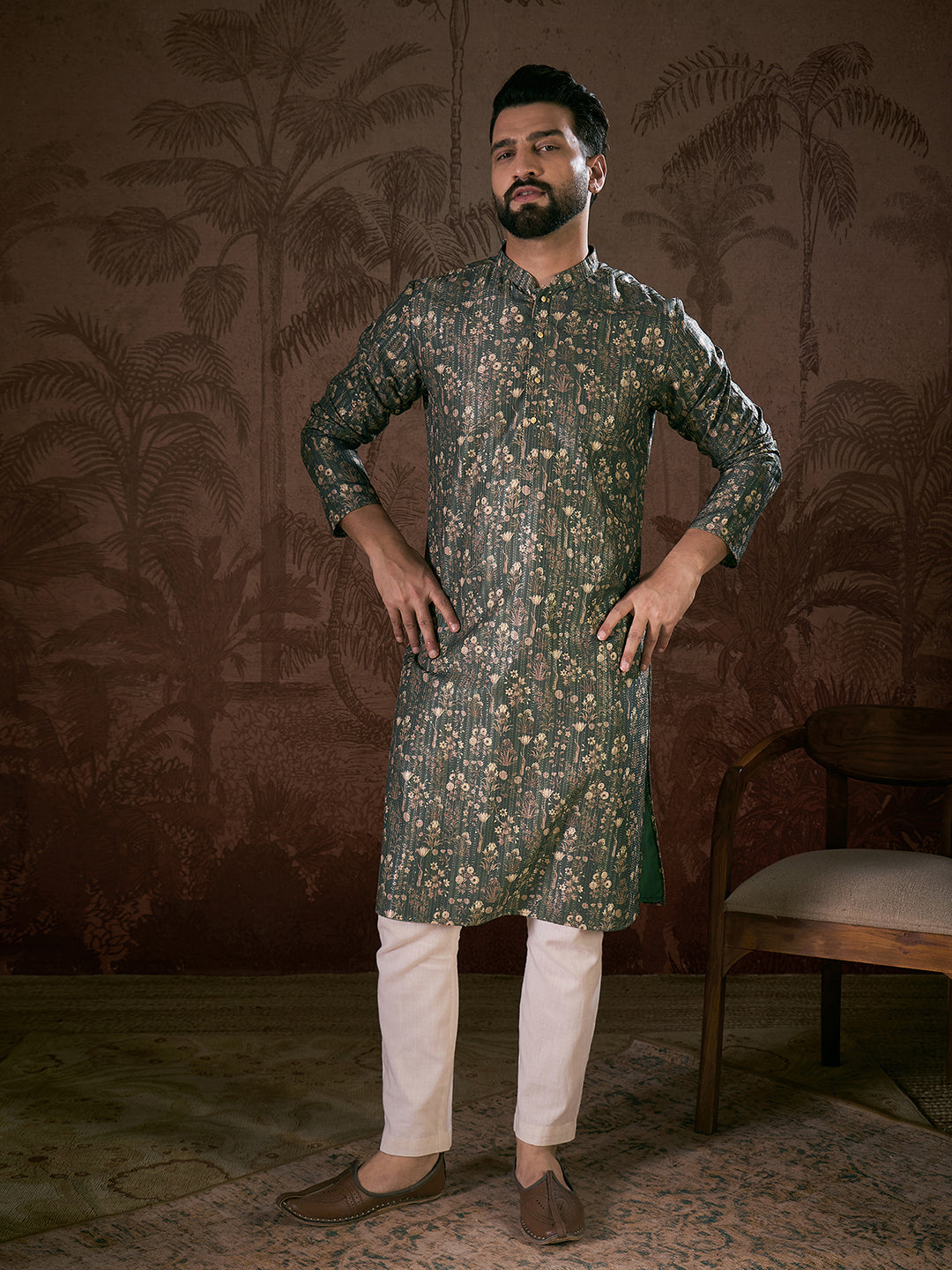 Ethnic Bay Men Olive Silk Blend Floral Printed Straight Kurta With Trouser
