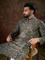 Ethnic Bay Men Olive Silk Blend Floral Printed Straight Kurta With Trouser-MKSET1911