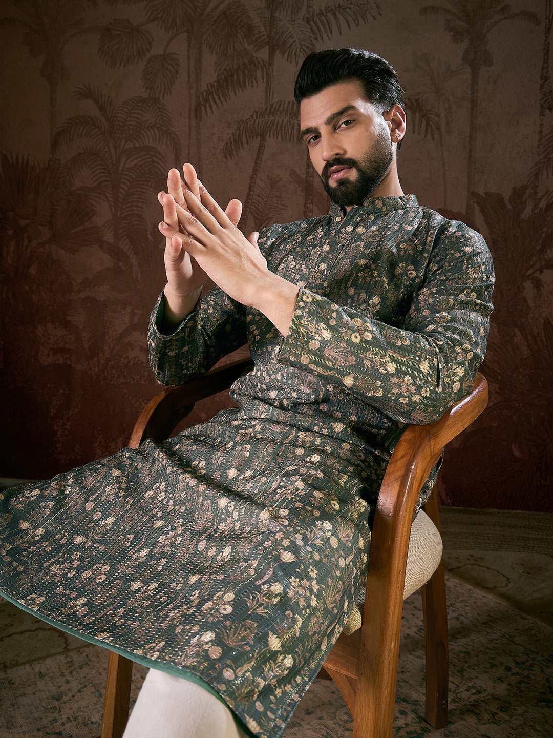 Ethnic Bay Men Olive Silk Blend Floral Printed Straight Kurta With Trouser