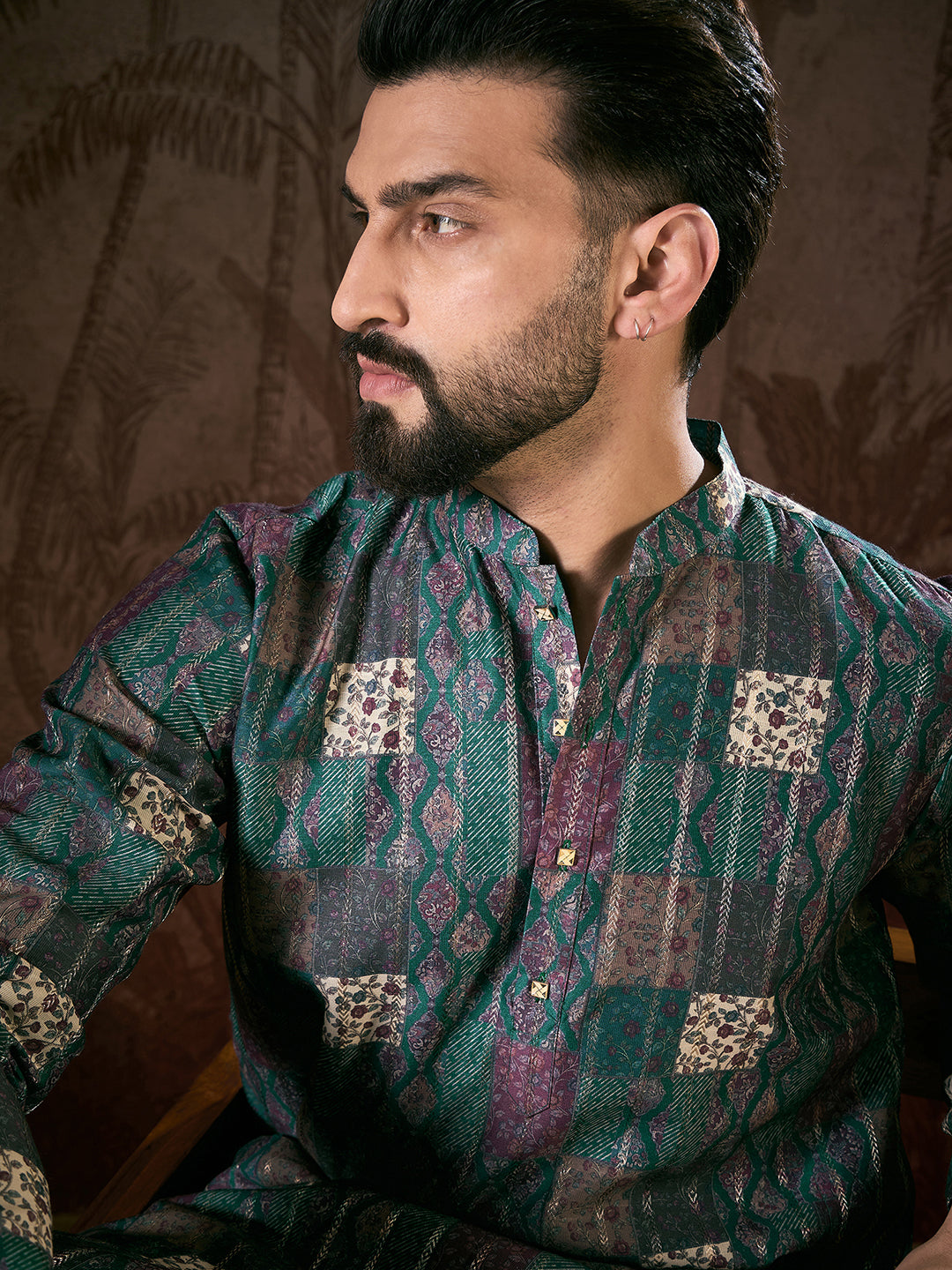 Ethnic Bay Men Sea Green Silk Blend Ethnic Motifs Printed Straight Kurta With Trouser