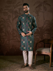 Ethnic Bay Men Sea Green Silk Blend Ethnic Motifs Printed Straight Kurta With Trouser-MKSET1913