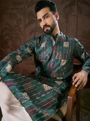 Ethnic Bay Men Sea Green Silk Blend Ethnic Motifs Printed Straight Kurta With Trouser-MKSET1913