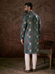 Ethnic Bay Men Sea Green Silk Blend Ethnic Motifs Printed Straight Kurta With Trouser-MKSET1913