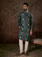Ethnic Bay Men Sea Green Silk Blend Ethnic Motifs Printed Straight Kurta With Trouser-MKSET1913