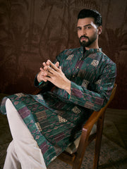 Ethnic Bay Men Sea Green Silk Blend Ethnic Motifs Printed Straight Kurta With Trouser-MKSET1913