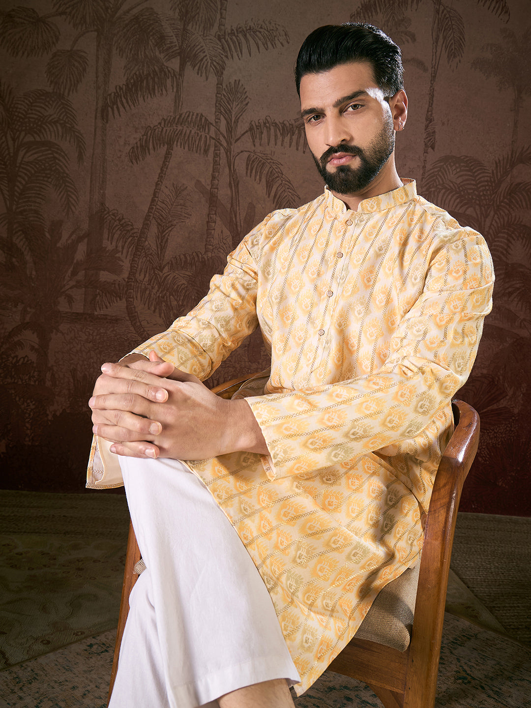 Ethnic Bay Men White Silk Blend Ethnic Motifs Printed Straight Kurta With Trouser