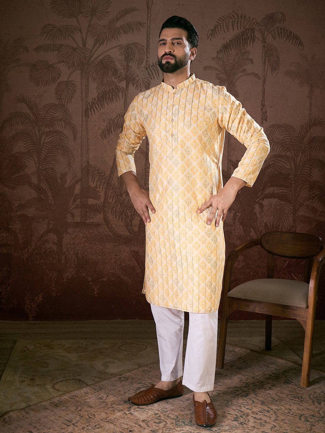 Ethnic Bay Men White Silk Blend Ethnic Motifs Printed Straight Kurta With Trouser