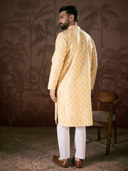 Ethnic Bay Men White Silk Blend Ethnic Motifs Printed Straight Kurta With Trouser-MKSET1914