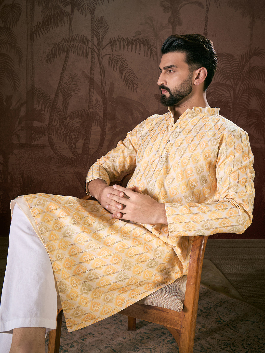 Ethnic Bay Men White Silk Blend Ethnic Motifs Printed Straight Kurta With Trouser