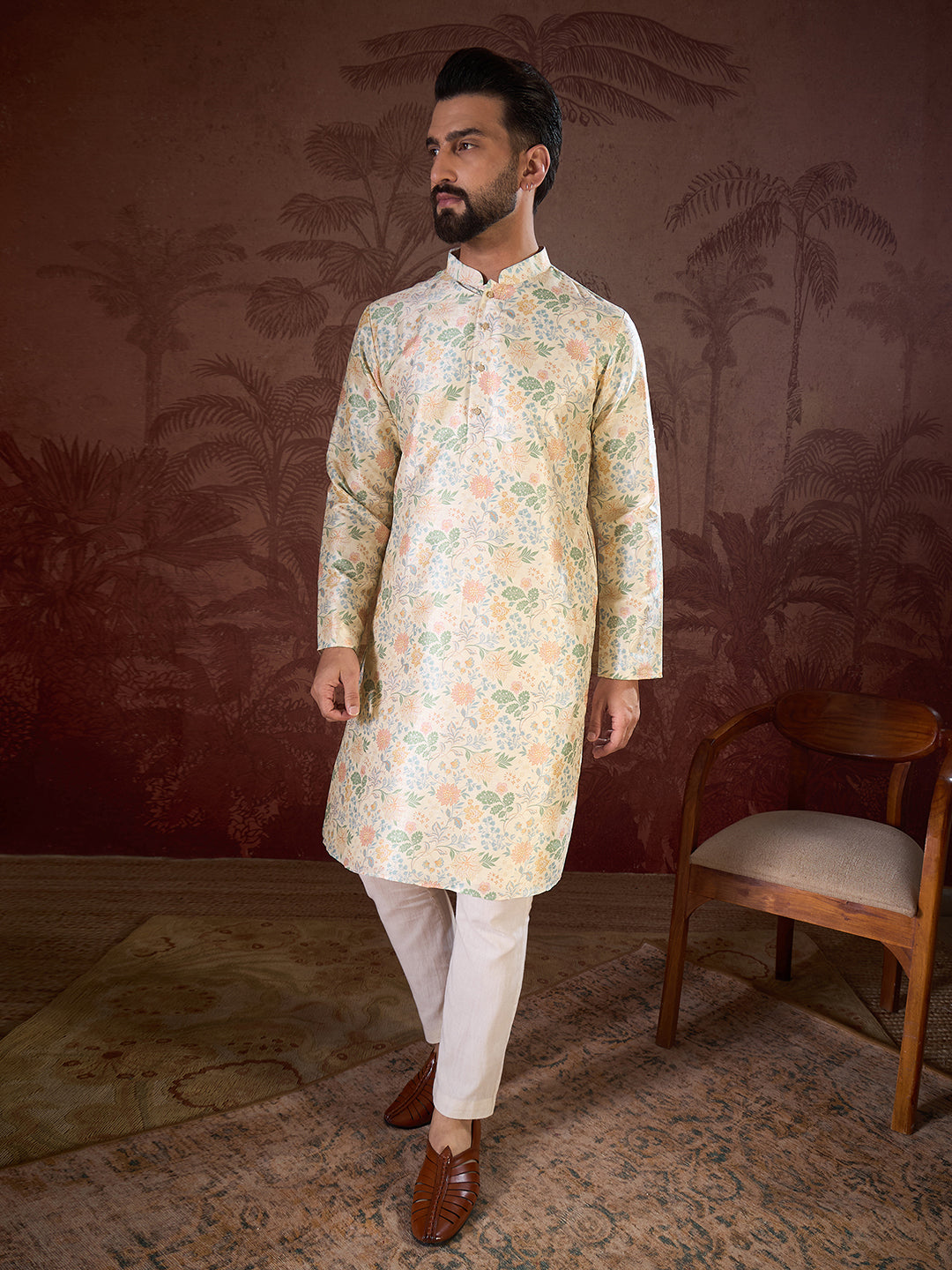 Ethnic Bay Men Off White Silk Blend Floral Printed Straight Kurta With Trouser