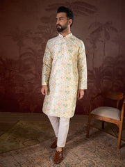 Ethnic Bay Men Off White Silk Blend Floral Printed Straight Kurta With Trouser-MKSET1915