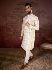 Ethnic Bay Men Off White Silk Blend Floral Printed Straight Kurta With Trouser-MKSET1915
