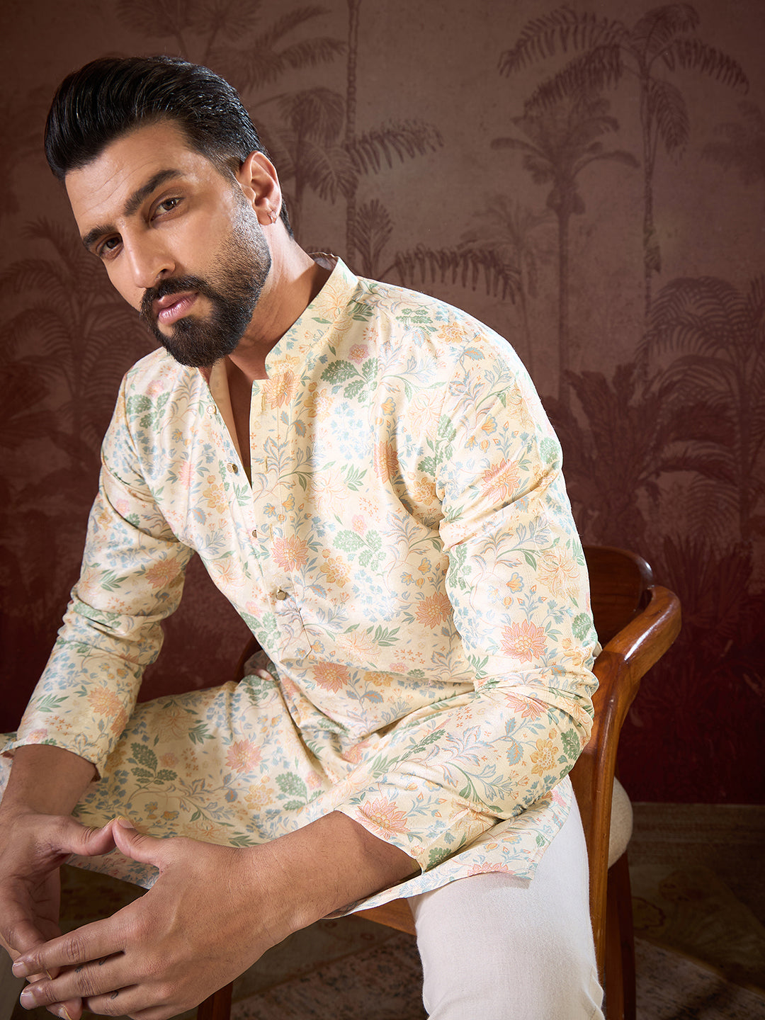 Ethnic Bay Men Off White Silk Blend Floral Printed Straight Kurta With Trouser