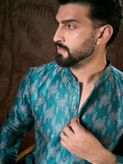 Ethnic Bay Men Turquoise Blue Silk Blend Chevron Printed Straight Kurta With Trouser-MKSET1916
