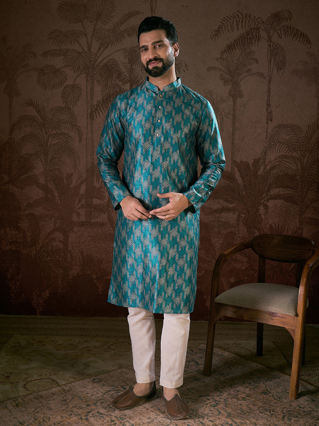 Ethnic Bay Men Turquoise Blue Silk Blend Chevron Printed Straight Kurta With Trouser