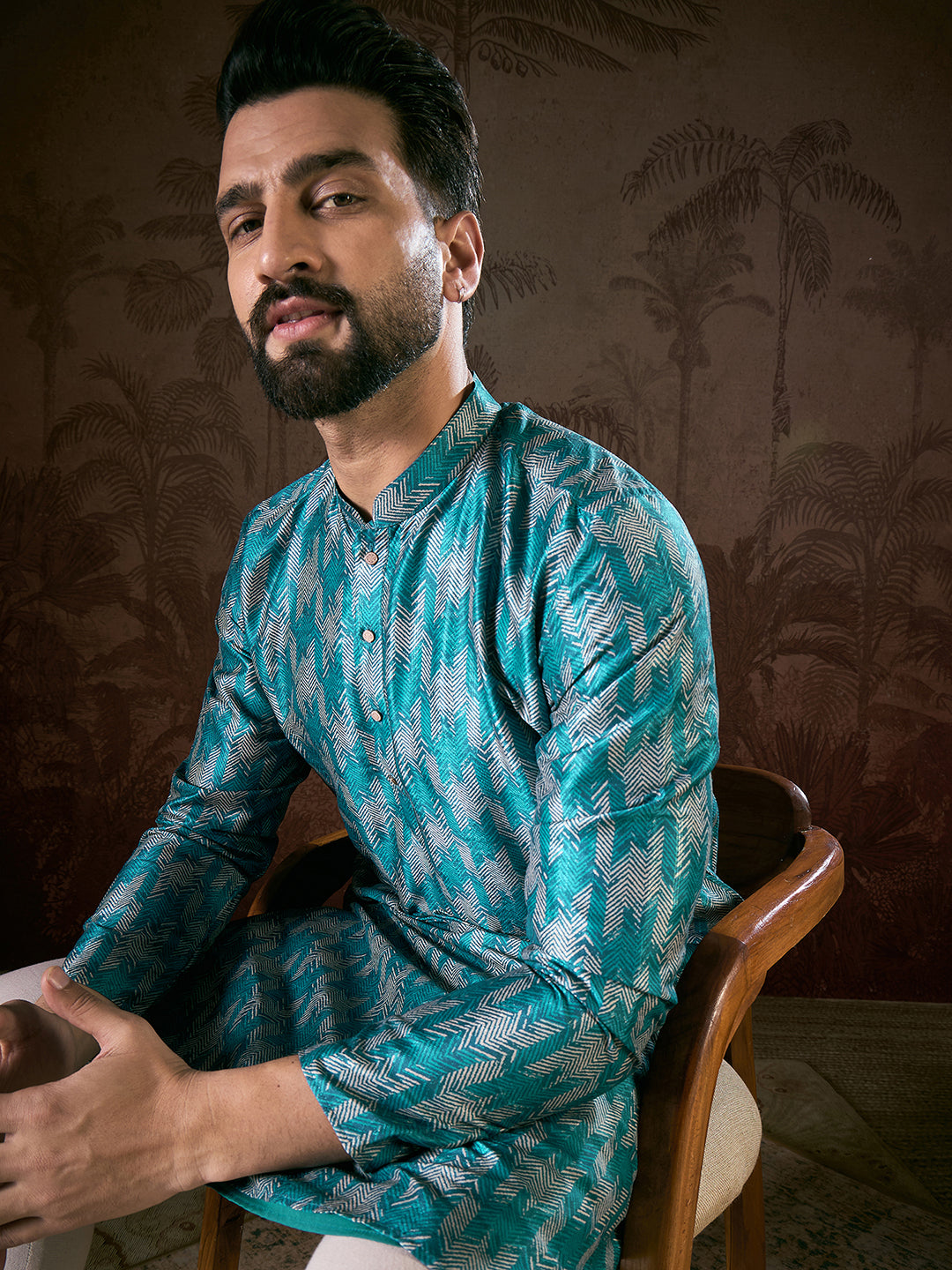 Ethnic Bay Men Turquoise Blue Silk Blend Chevron Printed Straight Kurta With Trouser
