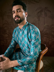 Ethnic Bay Men Turquoise Blue Silk Blend Chevron Printed Straight Kurta With Trouser-MKSET1916