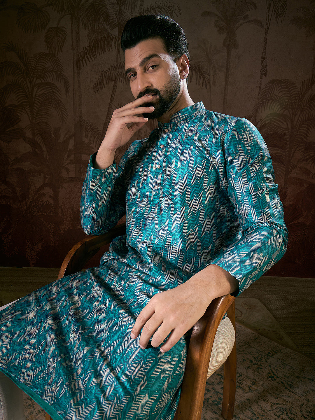 Ethnic Bay Men Turquoise Blue Silk Blend Chevron Printed Straight Kurta With Trouser