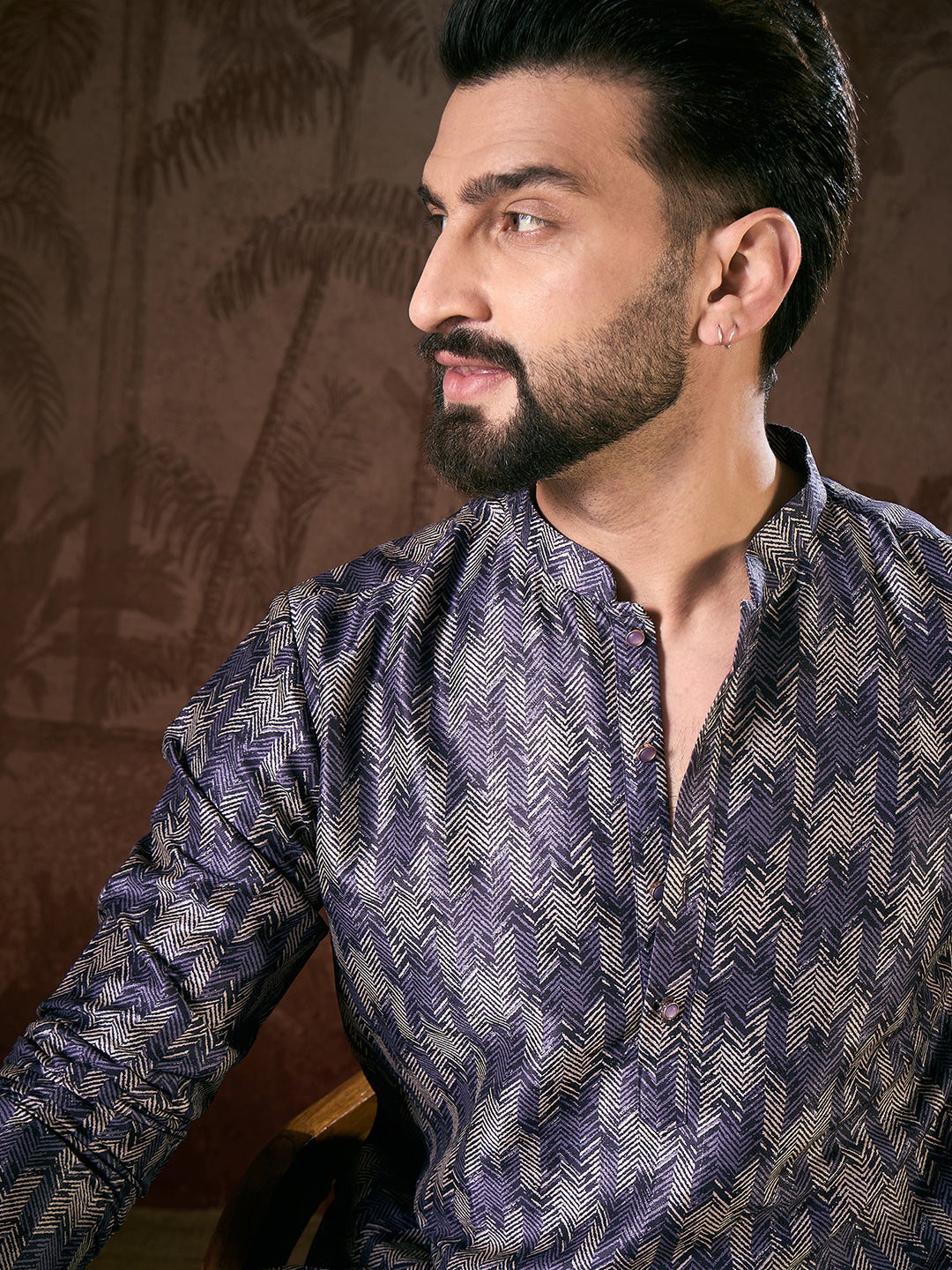 Ethnic Bay Men Violet Silk Blend Chevron Printed Straight Kurta With Trouser